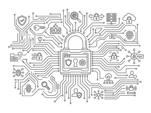 Cybersecurity digital lock with keypad and circuit board network line art illustration vector
