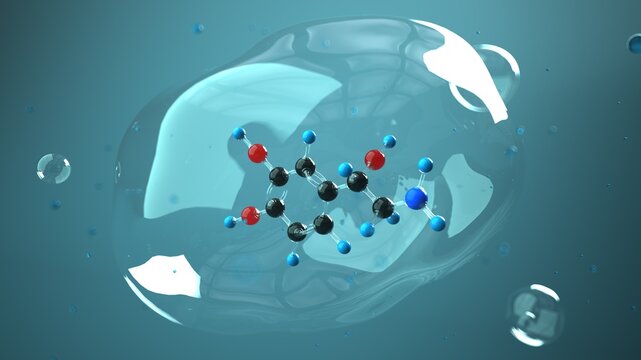 Norepinephrine molecule in the bubble and liquid environment. 3D illustration.