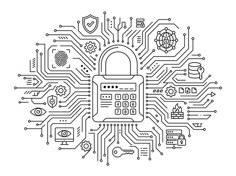 Cybersecurity digital lock with keypad and circuit board network line art illustration vector