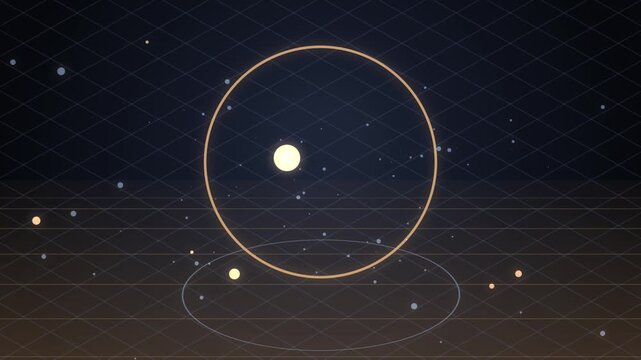 Abstract Digital Solar System Animation Featuring Glowing Golden Orbs Floating Over A Dark Grid Plane