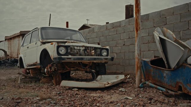 Rusting car inside a derelict brick enclosure in Kazakhstan