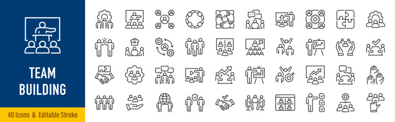 Naklejka na ściany i meble Team building web icons in line style. Teamwork, collaboration, cooperation, communication, leadership, partnership, unity, trust, motivation, employee engagement, collection. Editable stroke. Vector