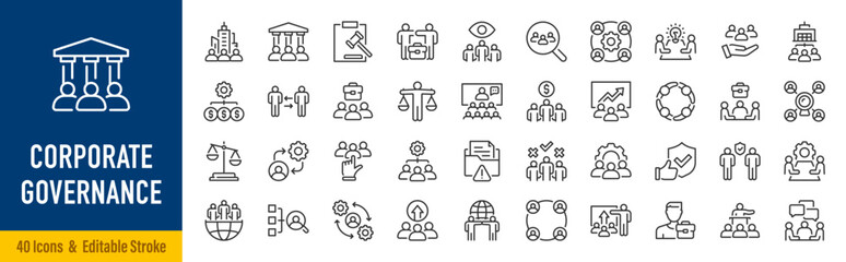 Naklejka na ściany i meble Corporate governance web icons in line style. Governance, compliance, accountability, transparency, ethics, risk management, board, strategy, oversight, audit, collection. Editable stroke. Vector