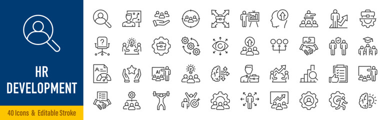 Naklejka na ściany i meble HR development web icons in line style. Human resources, employee development, talent management, training, recruitment, career growth, skills, coaching, onboarding, collection. Editable stroke.Vector