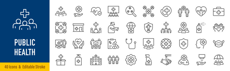 Fototapeta premium Public health web icons in line style. Healthcare, prevention, wellness, medicine, vaccination, hygiene, screening, health policy, health, disease prevention, collection. Editable stroke. Vector
