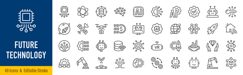 Naklejka na ściany i meble Future technology web icons in line style. Innovation, artificial intelligence, automation, robotics, machine learning, digital, smart technology, cybersecurity, collection. Editable stroke. Vector