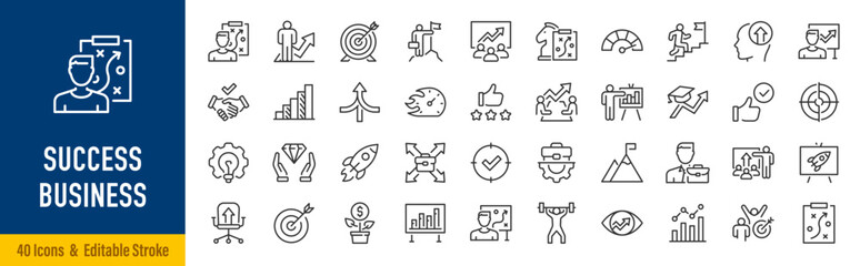 Naklejka na ściany i meble Success business web icons in line style. Achievement, growth, goal, strategy, profit, leadership, motivation, target, progress, productivity, opportunity, collection. Editable stroke. Vector