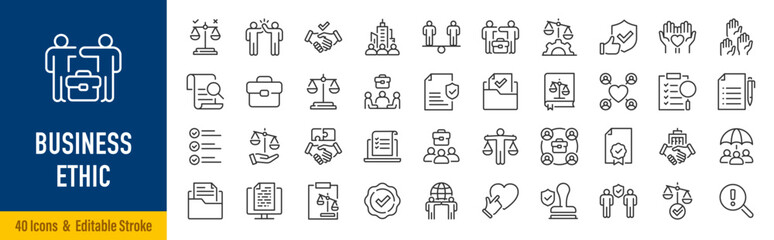 Naklejka na ściany i meble Business ethics web icons in line style. Ethics, integrity, compliance, accountability, transparency, responsibility, governance, trust, fairness, corporate values, collection. Editable stroke. Vector