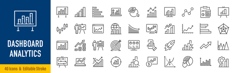 Naklejka na ściany i meble Dashboard analytics web icons in line style. Data, analytics, business intelligence, statistics, reporting, metrics, KPI, charts, graphs, insights, performance, collection. Editable stroke. Vector