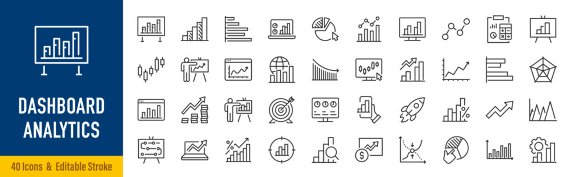 Dashboard analytics web icons in line style. Data, analytics, business intelligence, statistics, reporting, metrics, KPI, charts, graphs, insights, performance, collection. Editable stroke. Vector
