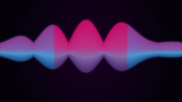 Abstract sound wave visualization with glowing pink and blue frequency lines on dark background.