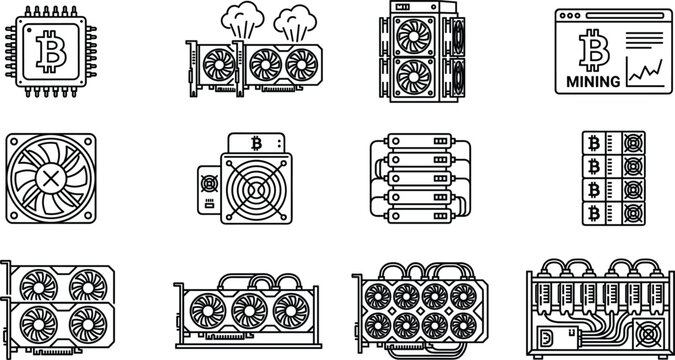 Cryptocurrency mining hardware icon set featuring bitcoin processor gpu graphics card rig fan line art.eps