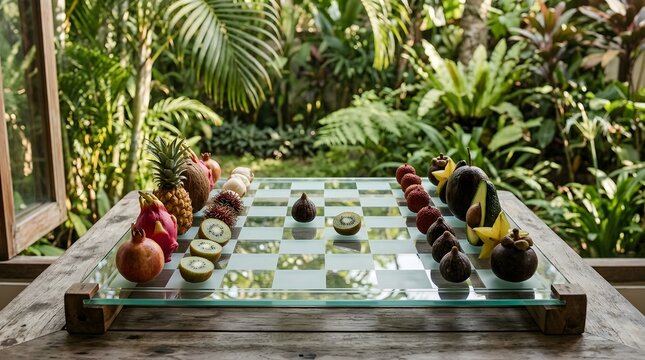 Tropical fruits arranged creatively on a glass chess board set outdoors amidst lush green foliage background
