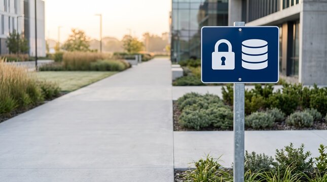 A blue outdoor metal sign featuring a padlock and database symbol mounted on a pole near a corporate office walkway