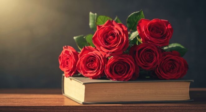 A bouquet of vibrant red roses rests atop an antique book on a wooden surface, bathed in warm, ambient light