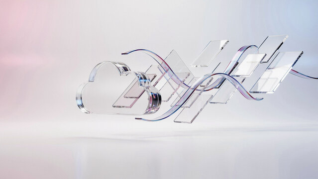 Futuristic glass icon representing a cloud computing network structure floating on a clean bright background with computing structure technology transparent futuristic internet connectivity