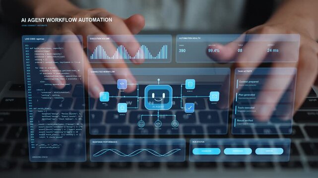 Work continues on a laptop. Planning code accompanies an AI task sequence that gathers context, invokes tools and checks outcomes before completing the requested operation.