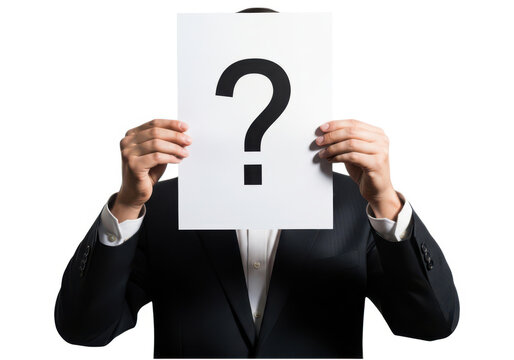 Businessman in suit holding paper with question mark sign isolated on white background