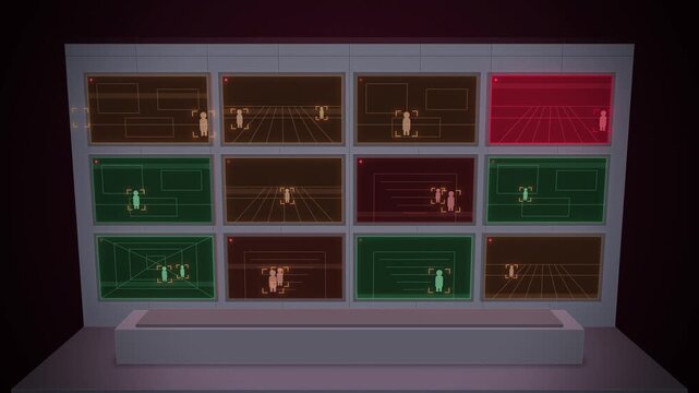 Surveillance monitor wall with tracking boxes and red intruder alert