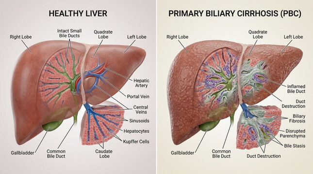 Human liver anatomy comparison healthy liver versus primary biliary cirrhosis two panel medical illustration showing inflamed bile ducts and fibrosis