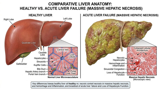 Human liver anatomy comparison healthy liver versus acute liver failure two panel medical illustration showing massive necrosis and collapsed lobules