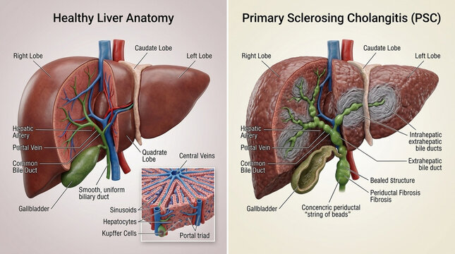 Human liver anatomy comparison healthy liver versus primary sclerosing cholangitis two panel medical illustration showing strictured bile ducts