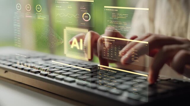 Hands type on a keyboard. An AI processing hub turns several kinds of business input into connected work, bringing cash flow analysis, invoice activity and approvals into the same process.