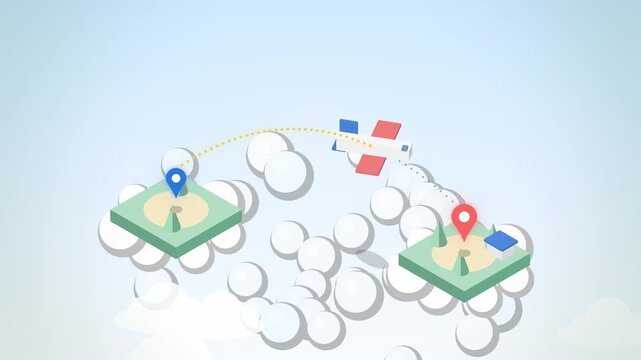 Isometric flight route between two floating islands seamless loop