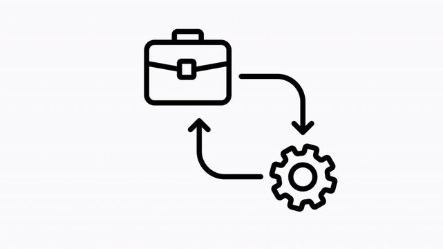 Animated Business management process line icon with briefcase or Work symbols, featuring a rotating gear and flowing line animation. Outline style on a white background in 4K resolution.
