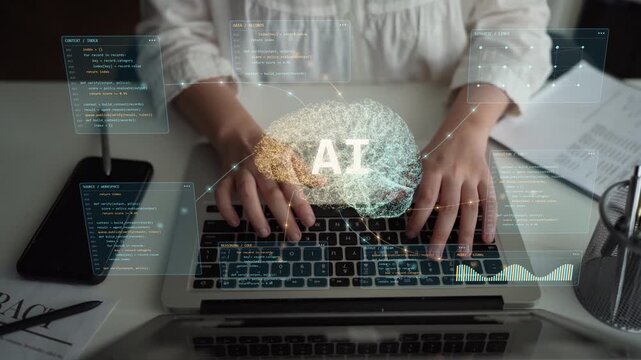 A person types on a laptop. An AI reasoning core connects contextual records, semantic relationships and program activity, illustrating how organized knowledge informs execution.