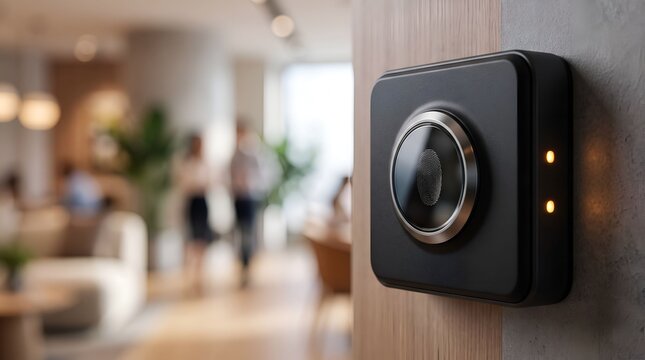 Modern biometric fingerprint scanner mounted on a wall for office attendance and security access