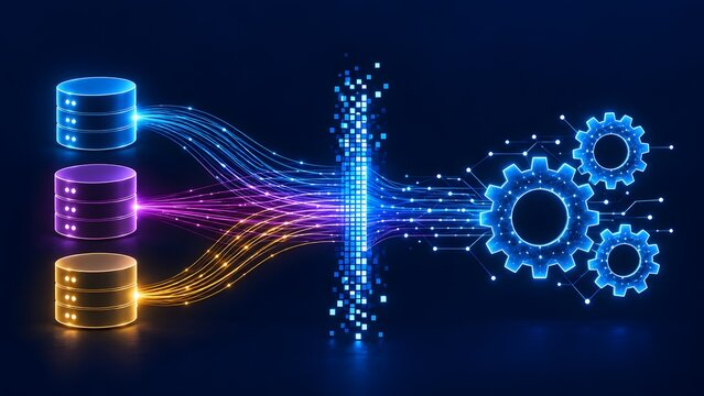 Digital data processing concept with server databases streaming information through security firewall into gears for analytics