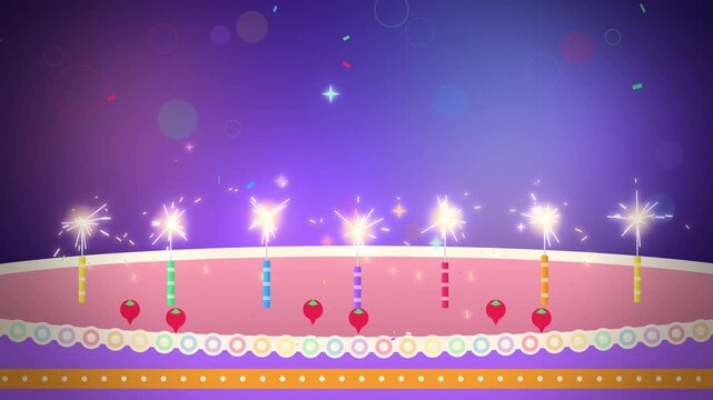 Sparkler candles fizzing on pink birthday cake with purple backdrop