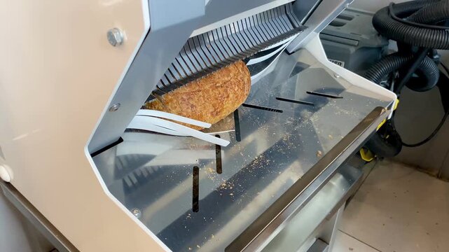 A loaf of seeded bread slides down the chute of an automatic bread slicer in a bakery and is cut into even slices by a row of blades.