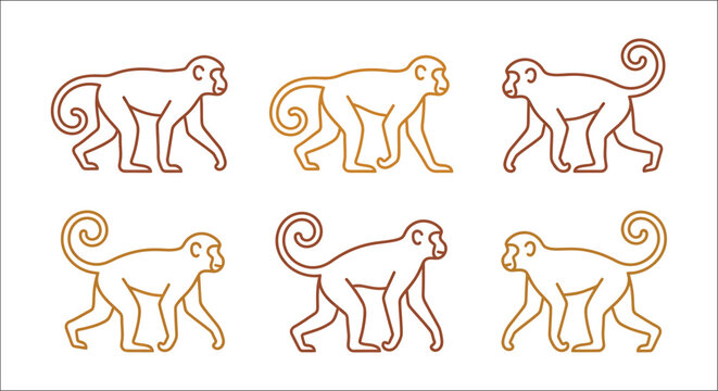 Six golden brown line art monkey shapes are arranged on a white background creating a repeating pattern