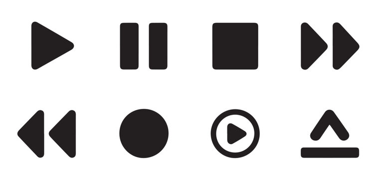 Black media navigation icons set isolated on transparent background for video player user interface design.