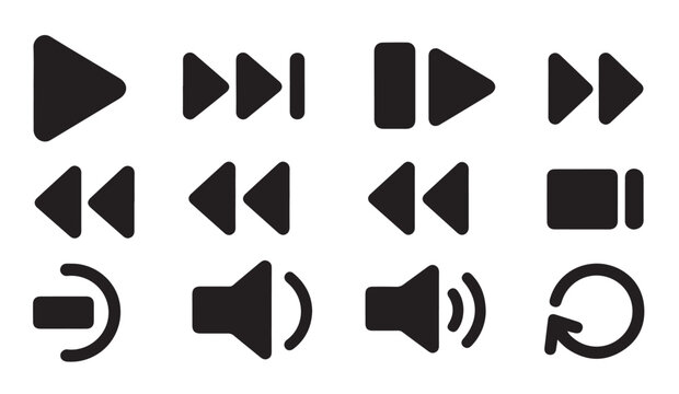 Black and white collection of player control icons for multimedia applications and digital interfaces.