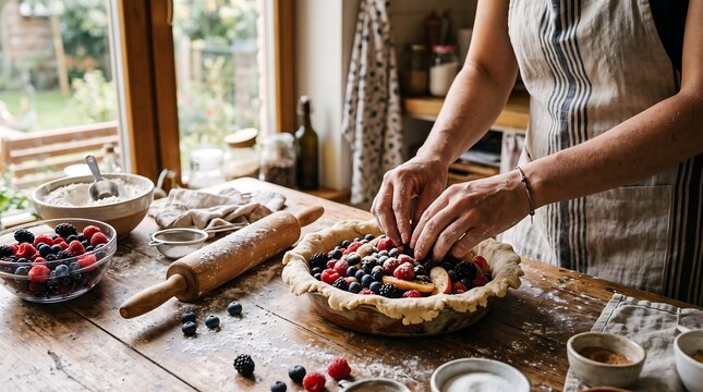 Woman preparing berry pie for summer celebration in rustic kitchen