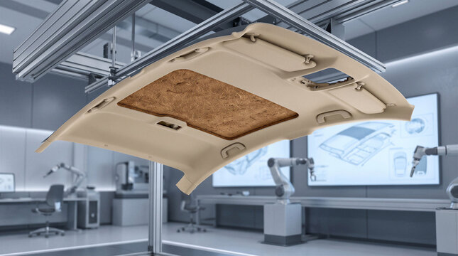 Car roof headliner panel showing natural coir fiber backing for eco insulation in automotive design lab.