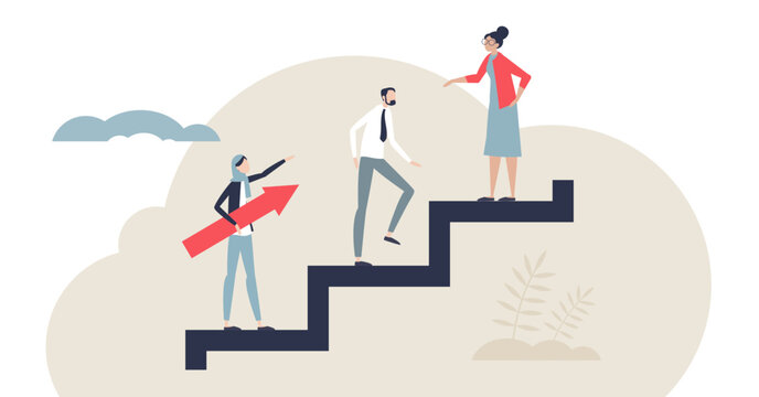 Onboarding steps show guided growth as a mentor leads a new hire up a staircase, with an upward arrow signaling progress, key objects, staircase, mentor, arrow, transparent background