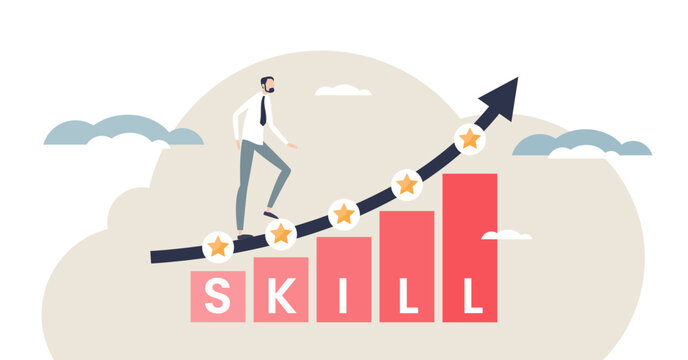 Leadership skills growth illustrated by a leader stepping up a rising bar chart and arrow, symbolizing progress and mastery, key objects, person, bar chart, arrow, transparent background
