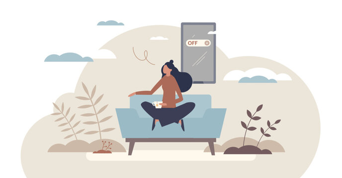 Unplugging tiny downtime, woman on sofa with cup, big phone set to OFF, transparent background. Concept, digital detox, calm mindfulness at home. Objects, sofa, phone, cup
