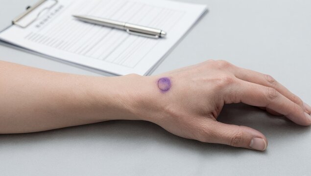 Close up of a human hand with a visible purple bruise on the wrist near a medical clipboard and pen on a desk in a clinical setting