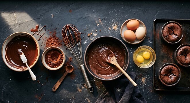 Chocolate dessert preparation for holiday baking with eggs and