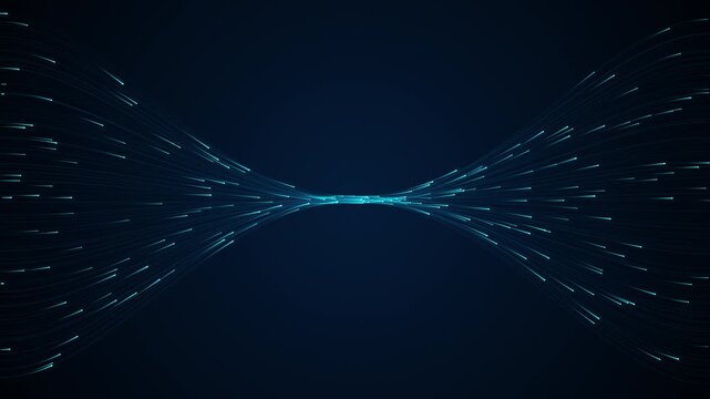Seamless 4K loop of intense, glowing fiber optic data streams sweeping from the edges and converging into an extended, highly concentrated central bottleneck. Dramatic deep learning visualization on a