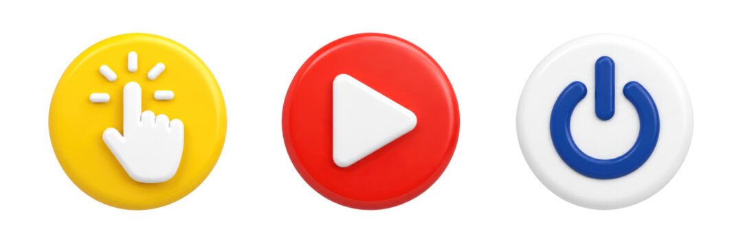 yellow click here, red start play and blue power on button symbols set isolated on white or transparent png