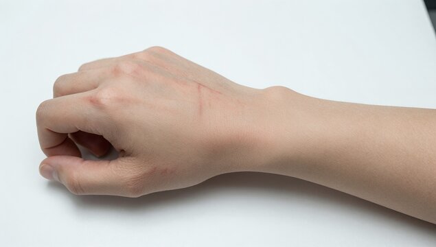Close Up of a Human Hand with Visible Red Scratches and Skin Irritation on the Back of the Hand and Wrist Against a White Background