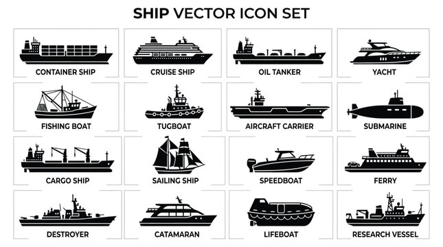 Collection of ship vector icons depicting various watercraft types