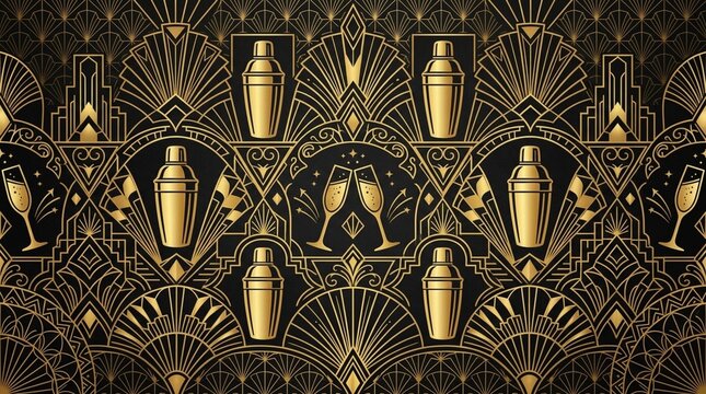 Art Deco Style Seamless Pattern with Golden Cocktail Shakers and Champagne Glasses for National Repeal Day Celebration Backgrounds