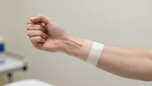 Close up of a person s arm with a white medical bandage on the wrist, showing a hand in a clenched fist pose against a neutral blurred clinic background